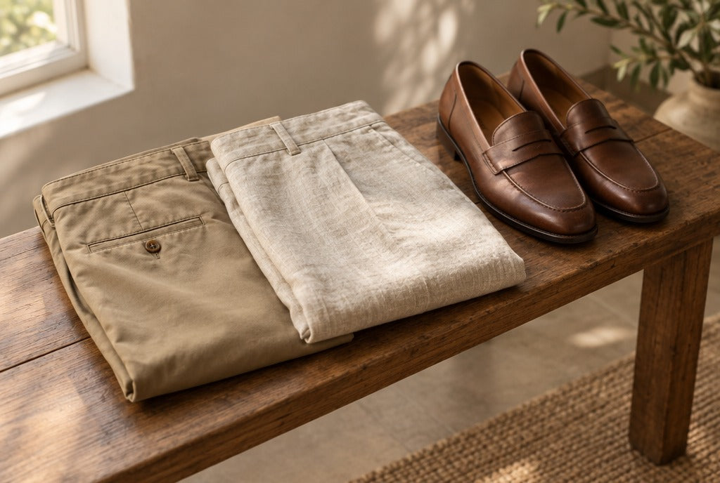 Men's khaki chinos and stone linen trousers folded on a wooden bench beside brown leather loafers, warm light