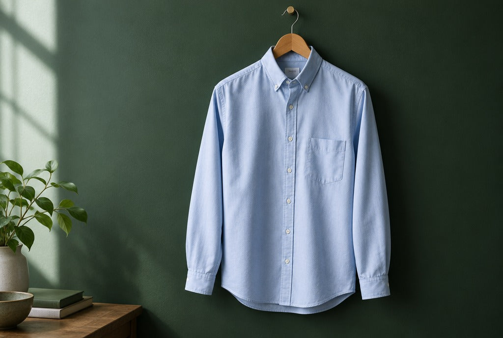 A crisp light blue men's oxford shirt on a wooden hanger against a dark green wall, soft side light