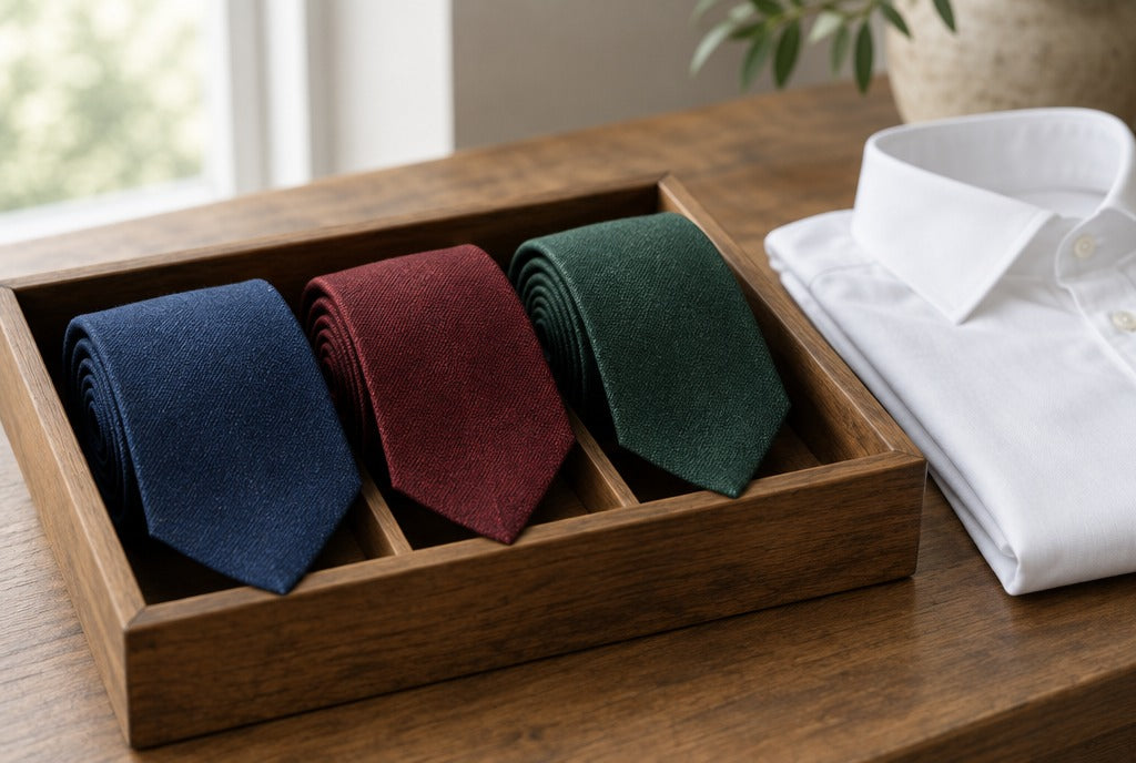 Rolled men's silk and wool ties in navy, burgundy and green in a wooden tray beside a folded white shirt