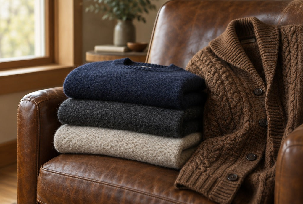 A stack of men's wool sweaters in navy, charcoal and oatmeal with a brown cable knit cardigan on a leather chair, warm window light
