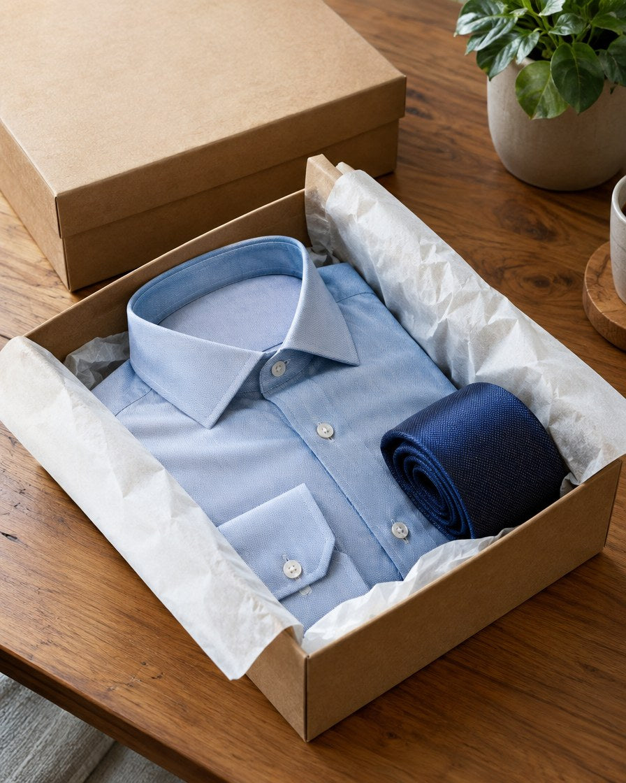 Folded shirt and tie ready to ship