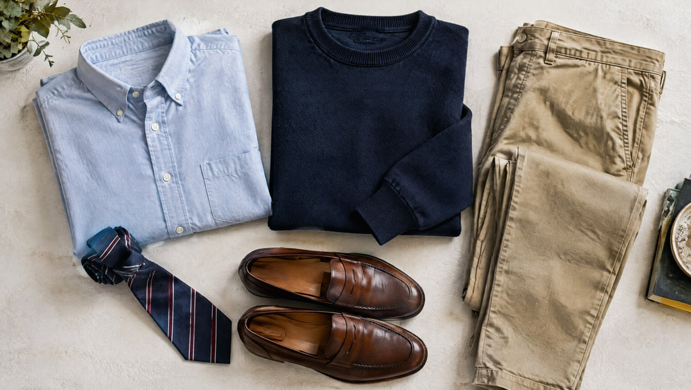 Flat lay of a men's outfit with shirt, sweater, chinos, tie and loafers
