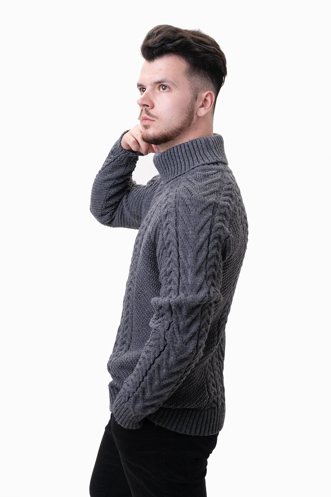 Thatcher Navy Wool Cable-Knit Turtleneck Sweater — view 6