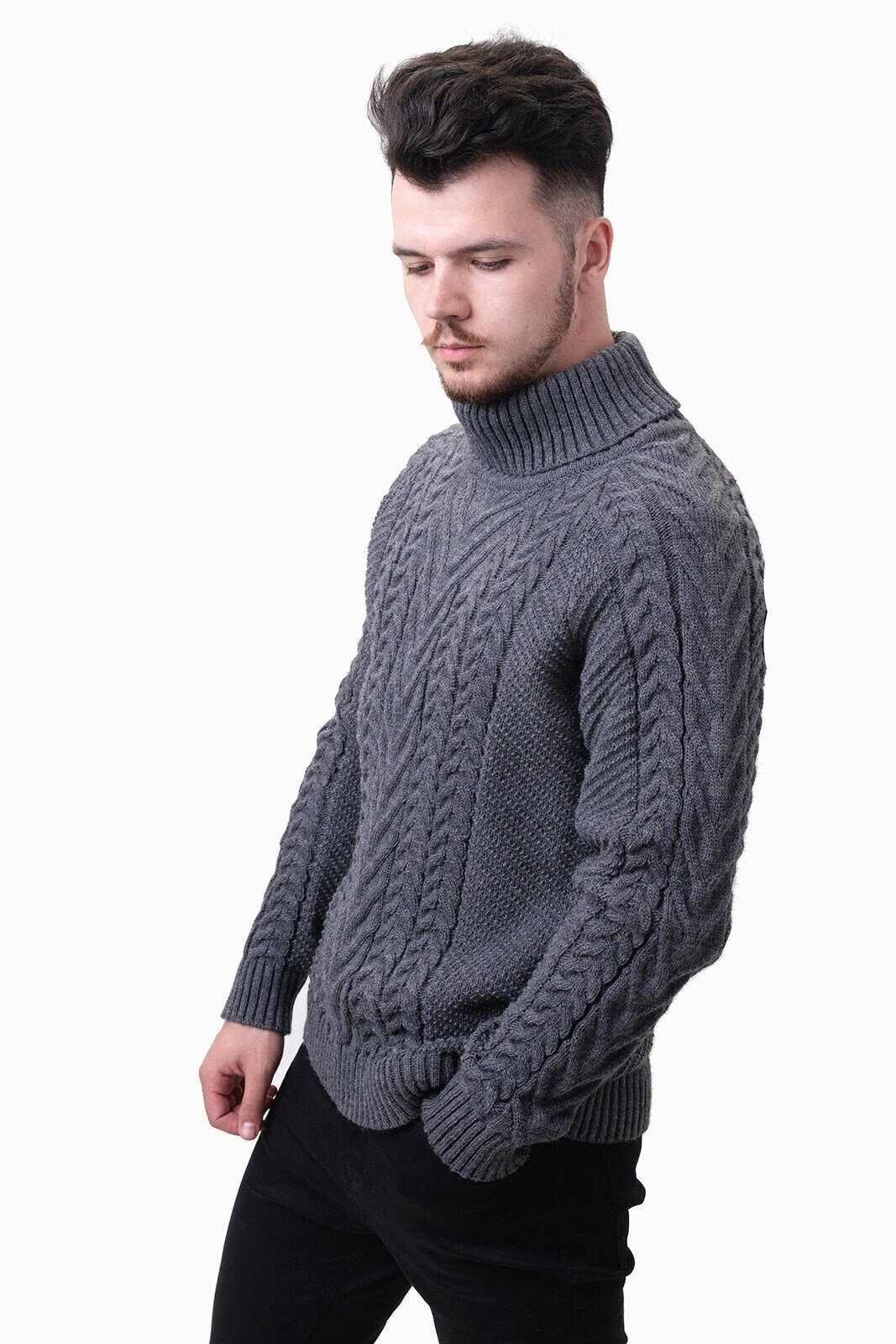 Thatcher Navy Wool Cable-Knit Turtleneck Sweater — view 5