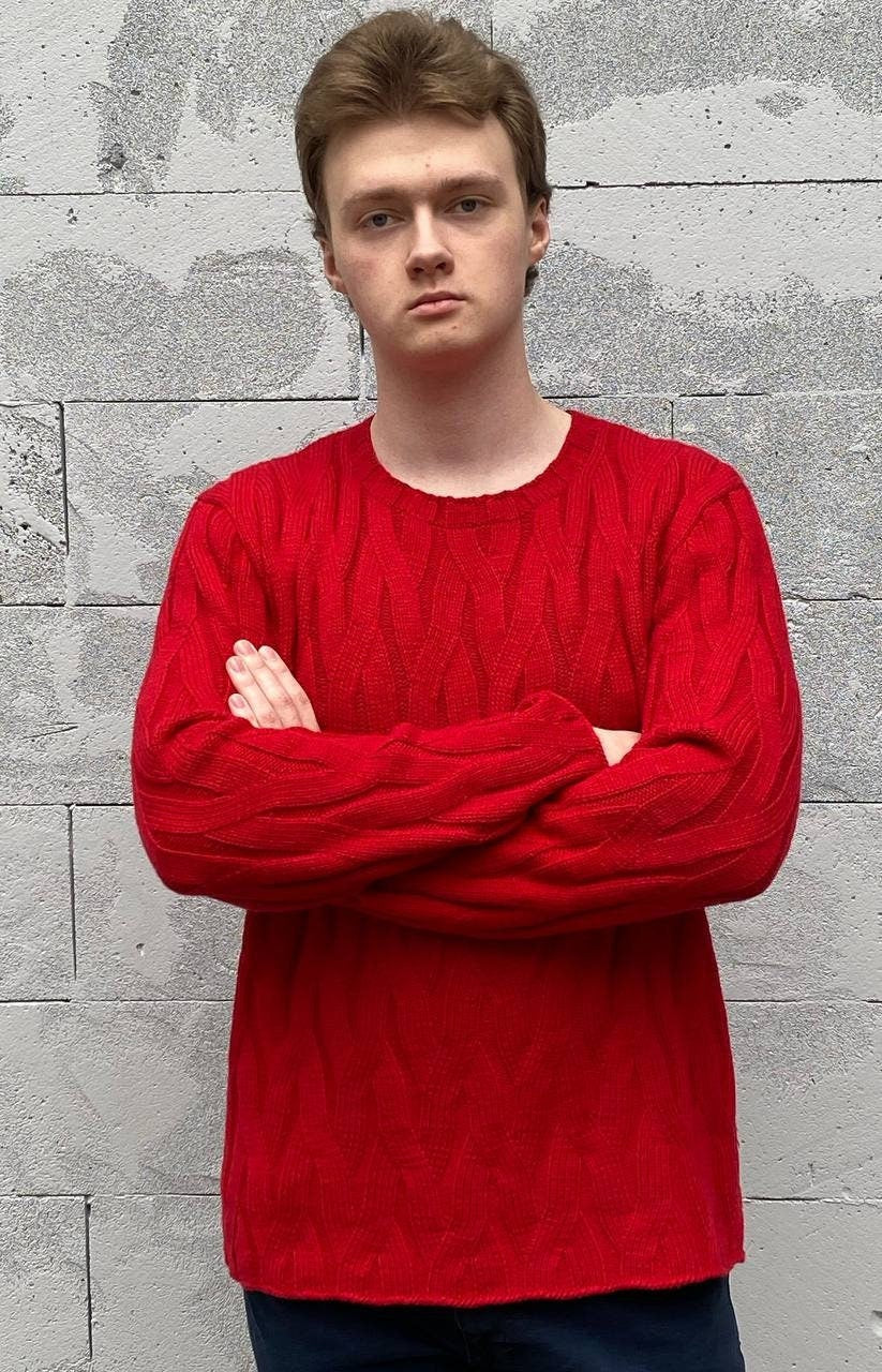 Sheldon Red Wool Cable-Knit Sweater — view 2