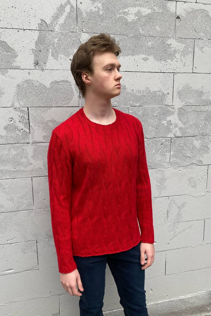 Sheldon Red Wool Cable-Knit Sweater — Fifth Avenue Menswear