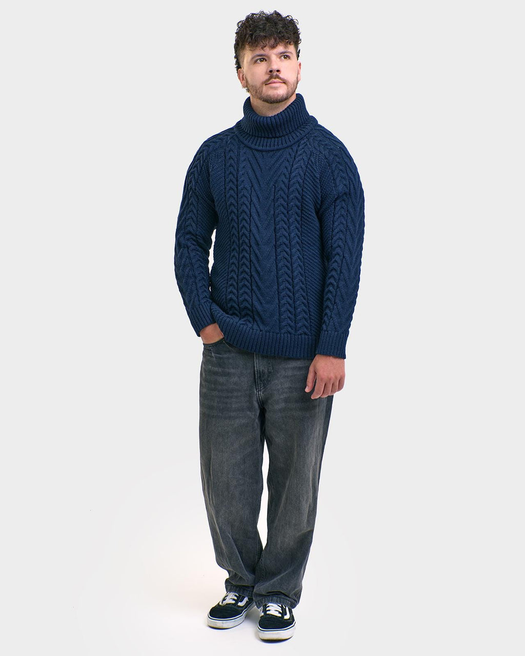 Thatcher Navy Wool Cable-Knit Turtleneck Sweater — view 4
