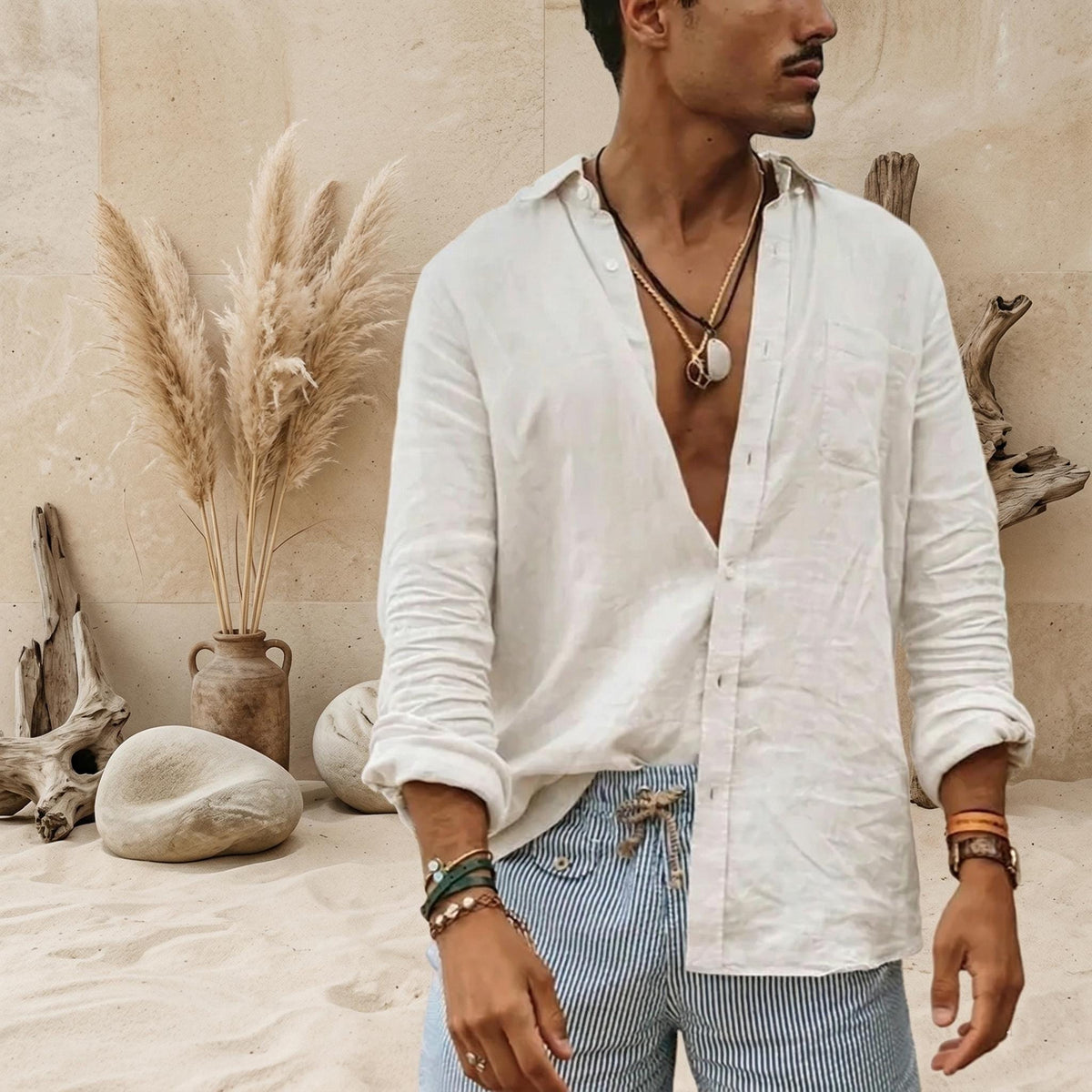 Miles Green Linen Button-Down Shirt — view 4