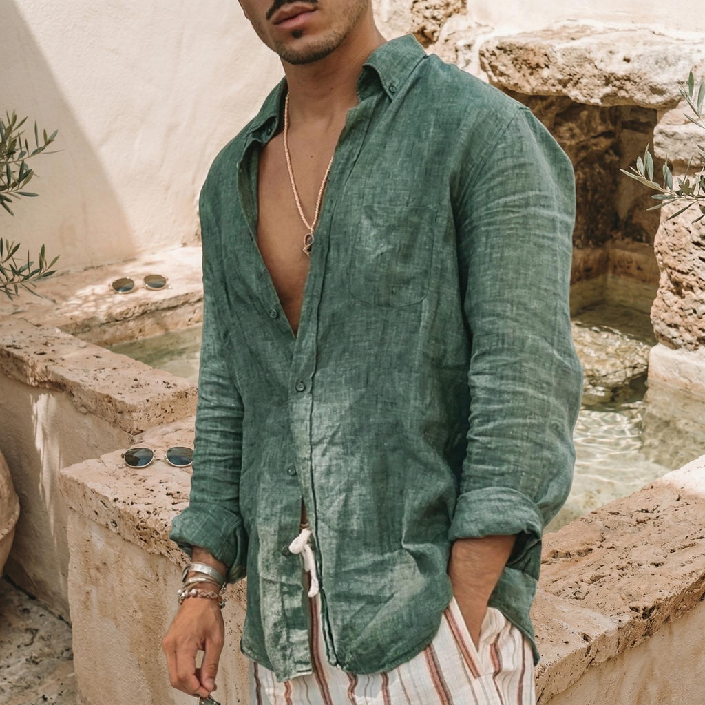 Miles Green Linen Button-Down Shirt — view 2