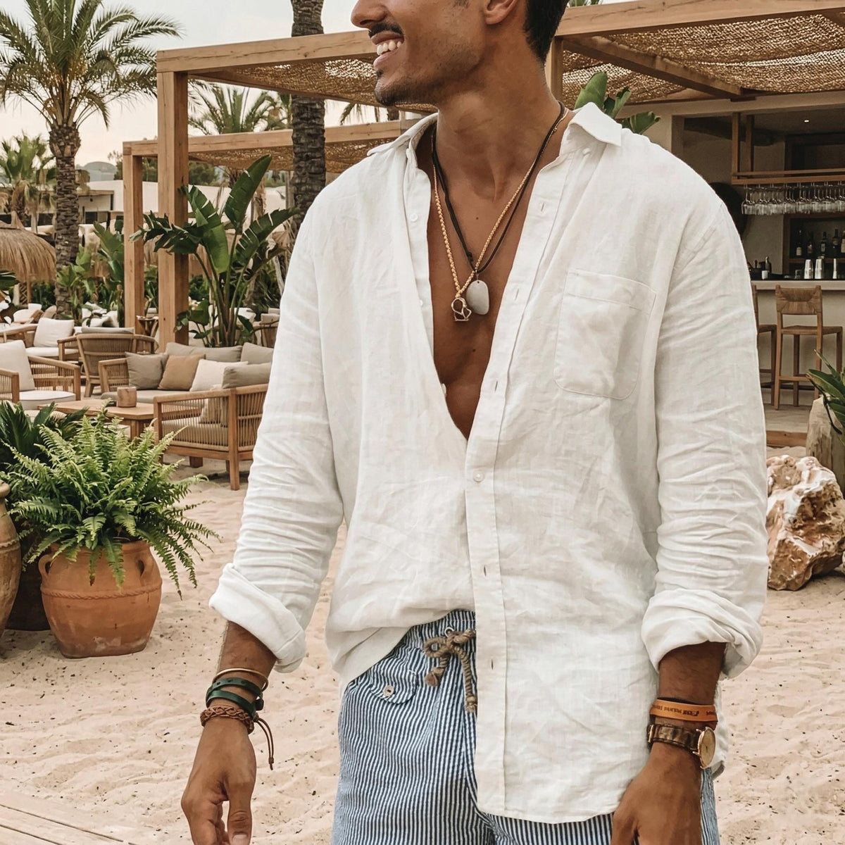 Miles Green Linen Button-Down Shirt — view 5