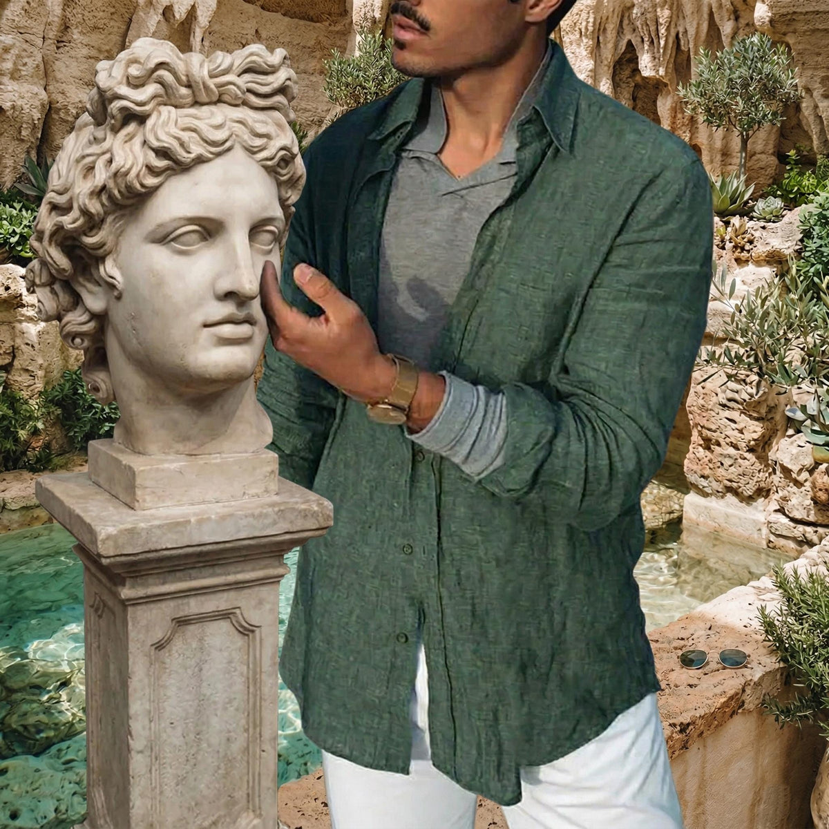 Miles Green Linen Button-Down Shirt — view 3