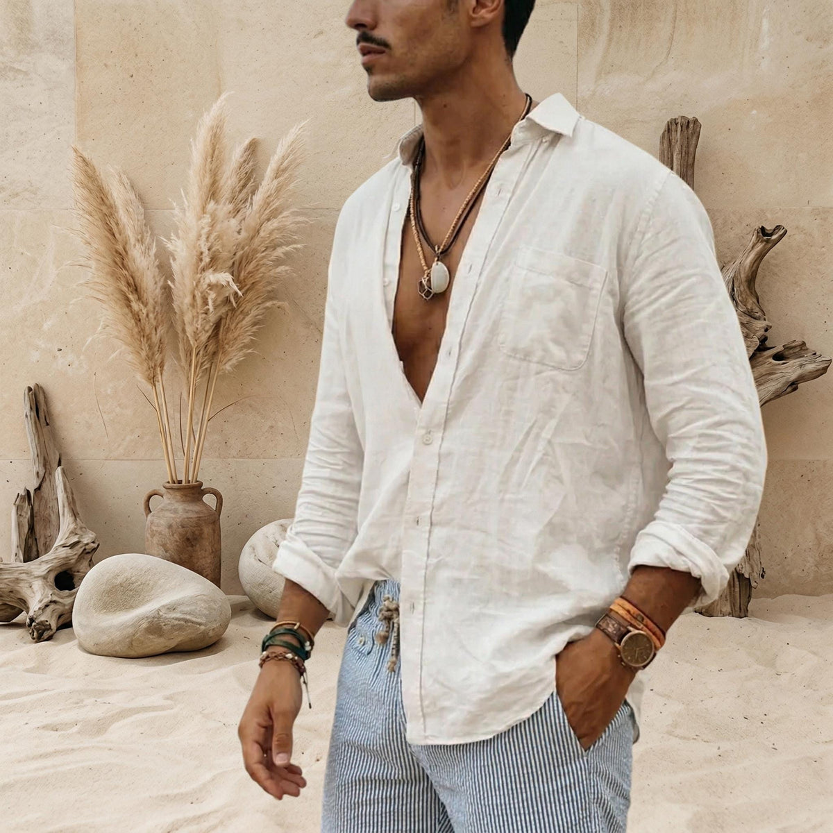 Miles Green Linen Button-Down Shirt — view 6