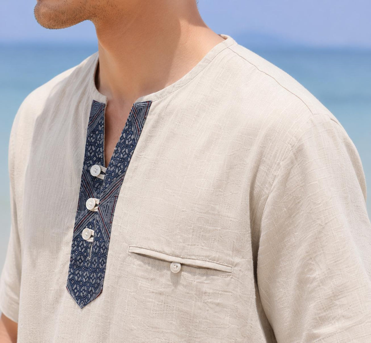 Preston Beige Linen Henley Shirt — view 5