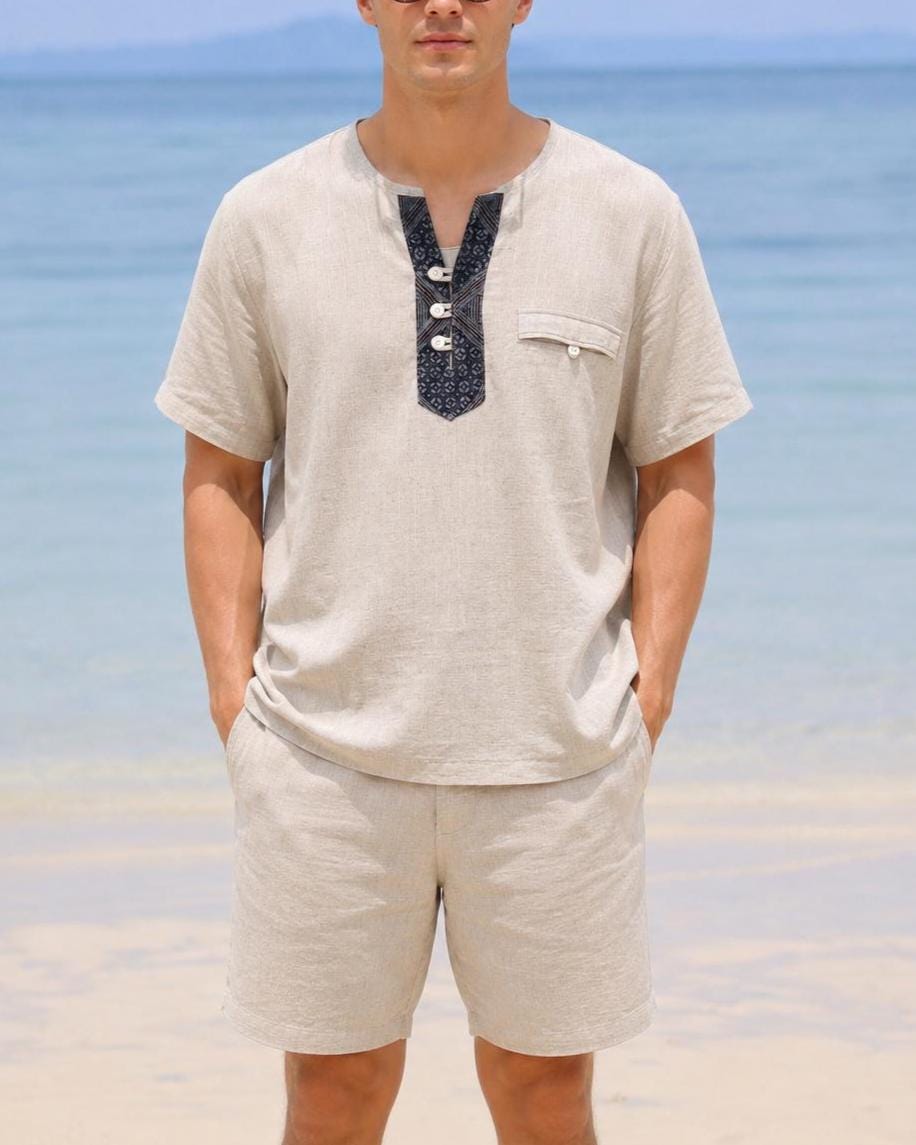 Preston Beige Linen Henley Shirt — view 2