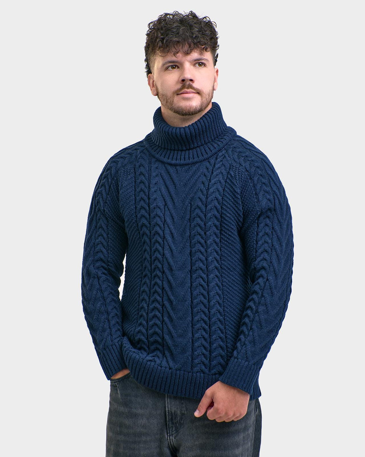 Thatcher Navy Wool Cable-Knit Turtleneck Sweater — Fifth Avenue Menswear